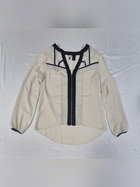 BKE Boutique Women's Long Sleeve Sheer Embellished Blouse White Black Zip Sz S